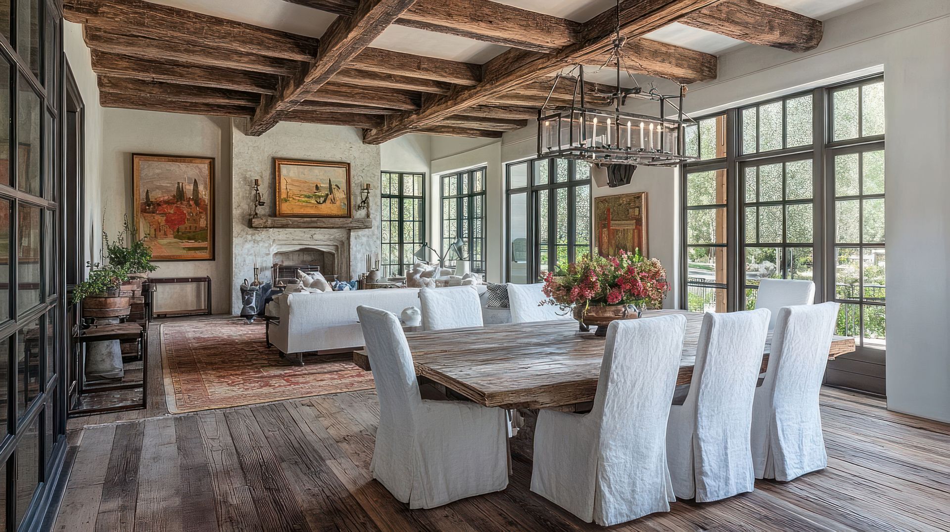 Ein lichtdurchflutetes Esszimmer im Landhausstil, ausgestattet mit einem großen Holztisch und weißen, gepolsterten Esszimmerstühlen.