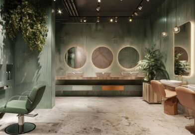 Ein moderner Friseursalon mit grüner Wandgestaltung, ergonomischen Stühlen und elegantem Design, ergänzt durch praktische Tools wie Friseurwagen.
