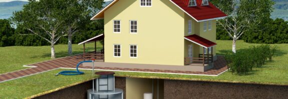 Querschnitt einer unterirdischen Zisterne unter einem Haus mit Wasseraufbereitung für Haushalt und Garten