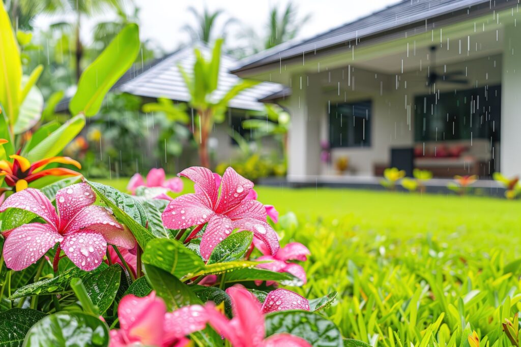 egen faellt auf dach eines modernen hauses mit regenwassernutzung im garten